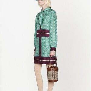 Gucci 2021 Teal/Aubergine GG Printed Silk Button-Up Neck, Bow Tie Dress